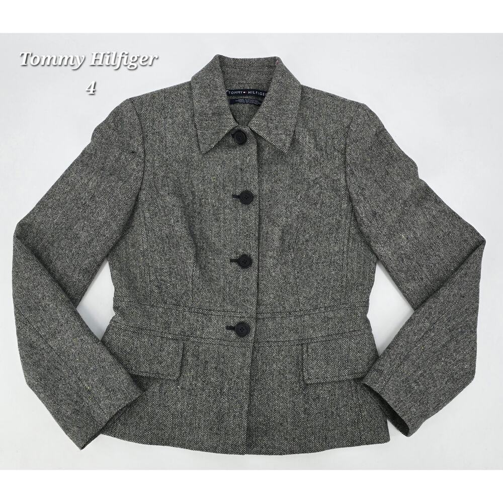 Tommy Hilfiger Academia Gray Herringbone Wool Blend Blazer Jacket Women’s Size 4